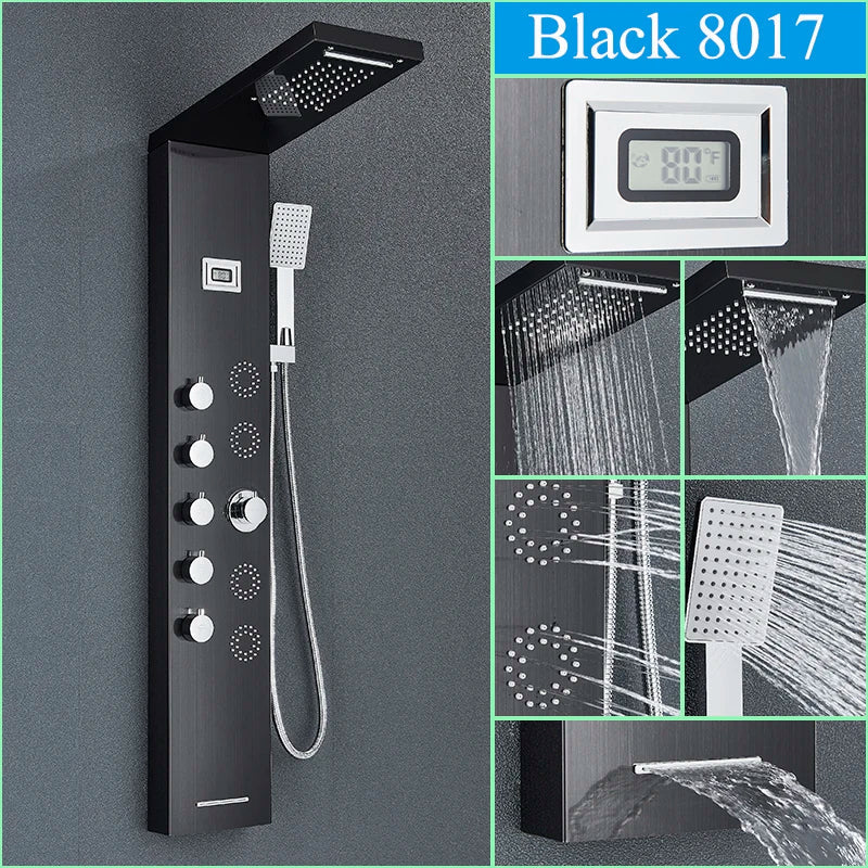 صنبور دش أسود مثبت على الحائط من DecorBites™ مع شلال مطري وخلاط ساخن وبارد