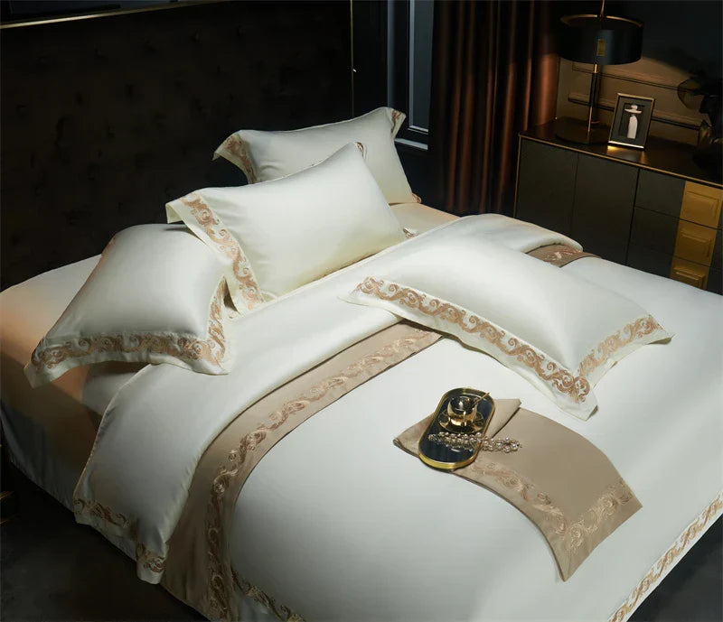 DecorBites™ Luxe Gold Embroidery 1400TC Egyptian Cotton Queen King Bedding Set