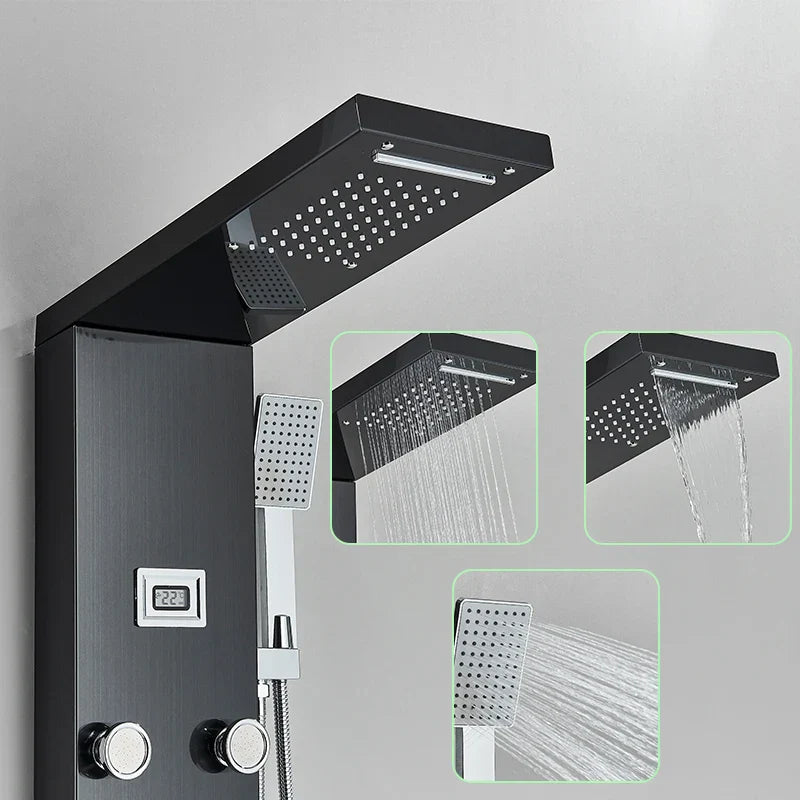 صنبور دش أسود مثبت على الحائط من DecorBites™ مع شلال مطري وخلاط ساخن وبارد