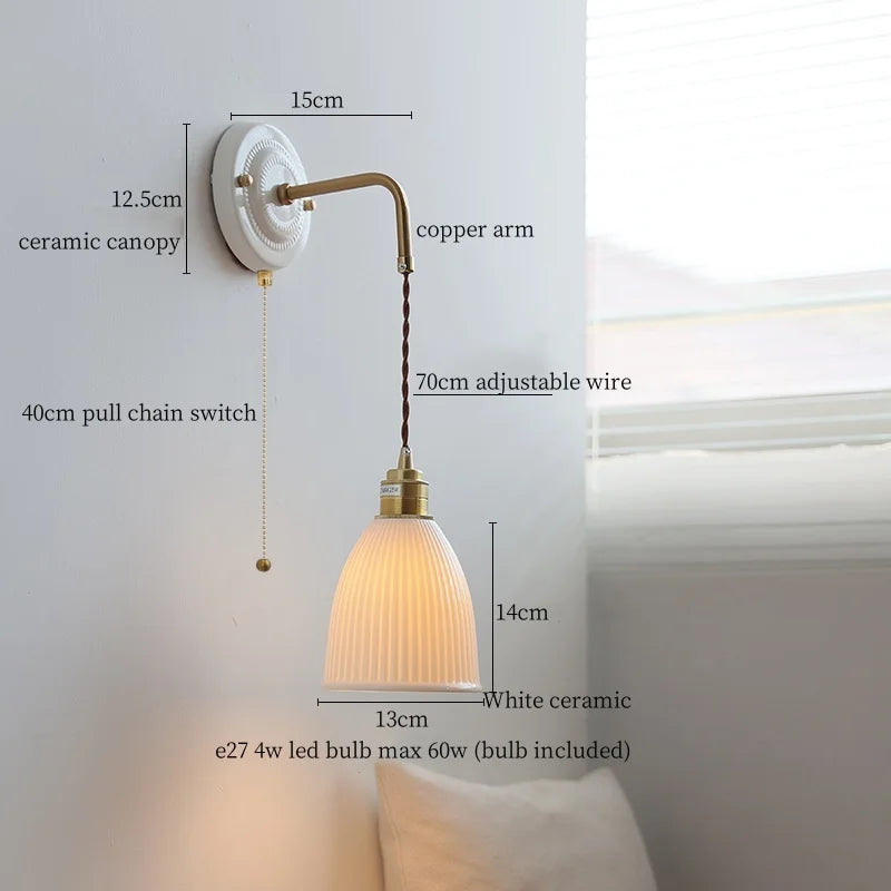 DecorBites™ Copper Ceramic LED Wall Light with Pull Chain Switch for Living Room Decor.