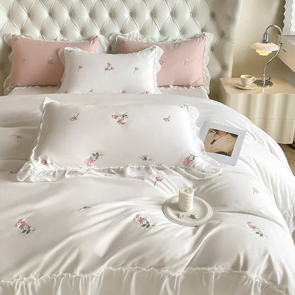 Decobites Rose Flowers Embroidery Lace Ruffles White Bedding Set - 100% Cotton Duvet Cover, Bed Sheet, Pillowcase