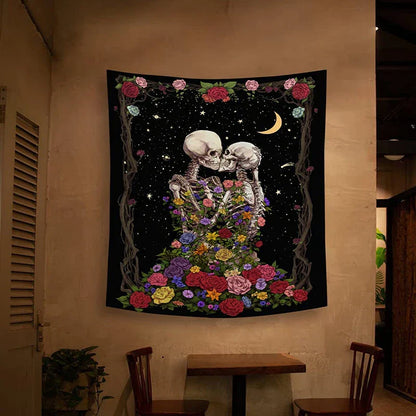 Decobites Skull Lovers' Kiss Tapestry - Colorful Roses and Tarot Skeleton Wall Hanging