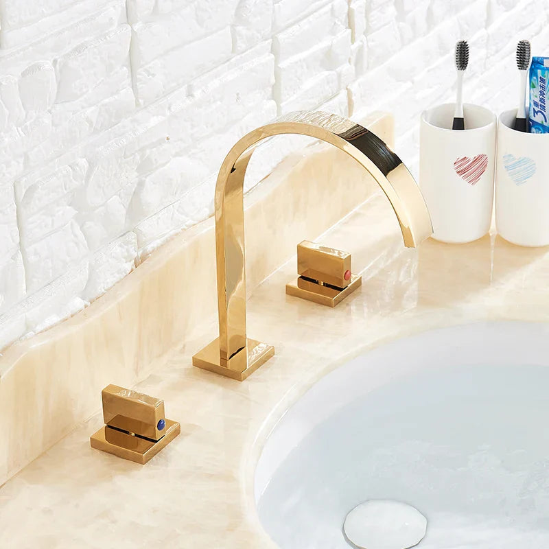 DecorBites™ Golden Brass Dual Handle Basin Faucet Set - Deck Mounted Hot Cold Mixer