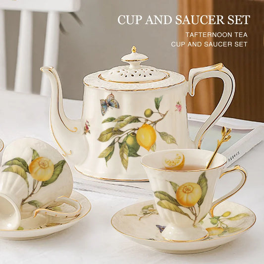 DecorBites™ Gold Edge Cup & Saucer Set: Lemon Teapot, Coffee Mug, Ceramic Plates & Drinkware