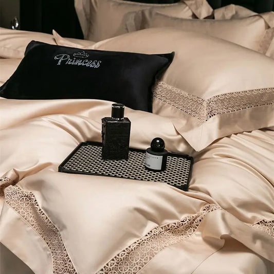 Decobites Luxury Lace Edge Bedding Set: Queen King Duvet Cover, Bed Sheet, Pillowcase