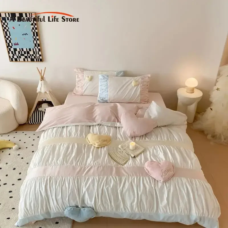 Conjunto de Ropa de Cama de Algodón Lavado en Forma de Corazón Decorbites™ - Cubrecama, Sábana y Fundas de Almohada
