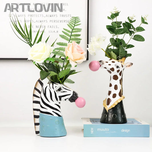 DecorBites™ Animal Bust Succulent Vase Hand-Painted Resin Figure with Giraffe/Zebra/Bear/Panda Blowing Bubbles