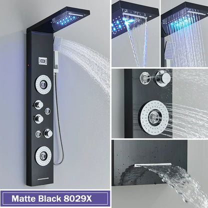 Columna de ducha DecorBites™ negra con iluminación LED, chorros de masaje y grifo mezclador tipo cascada