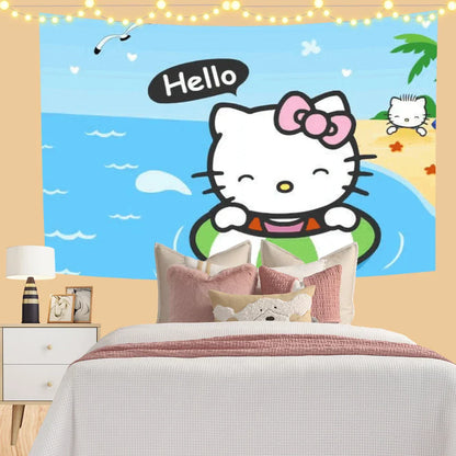 Kawaii Hello Cats Room Cloth Poster Wallcloth Tapestry Wall Hanging Decobites Dorm Decor