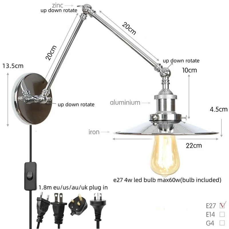 Decorbites™ Industrielle Linse Vintage-Loft-LED-Wandleuchte mit Schwingarmen und Zugschalter