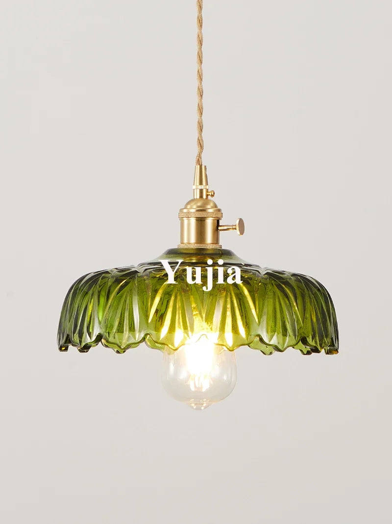 Nordic Green Glass Pendant Light With Brass Accents
