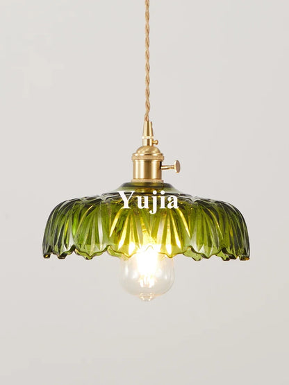 Nordic Green Glass Pendant Light With Brass Accents