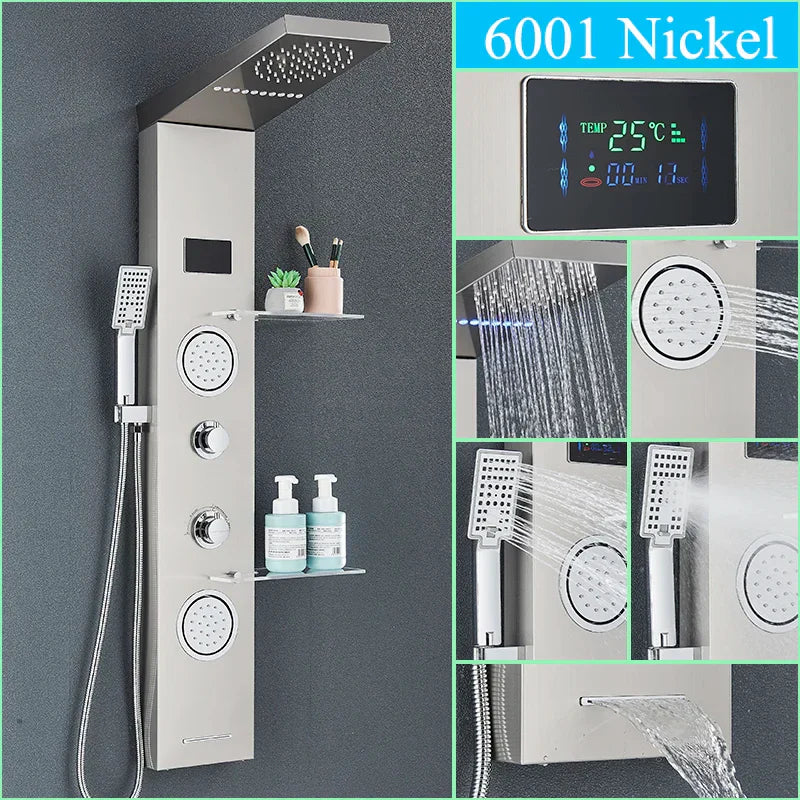 DecorBites™ LED Shower Panel Column Faucet with Rainfall Waterfall, Back Jet, Mixer Tap