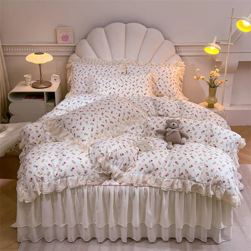 Decobites Princess Lace Ruffles Floral Bedding Set with Duvet Cover and Bed Skirt