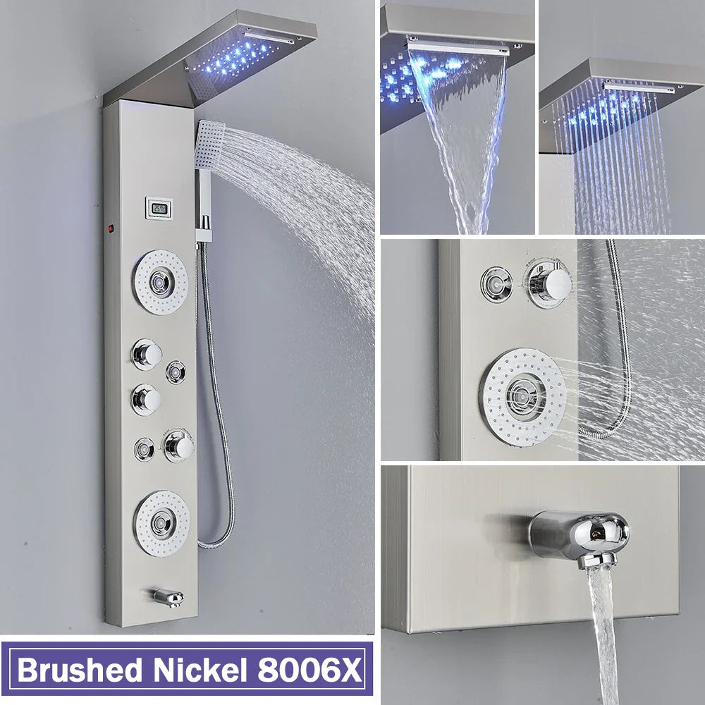 Columna de ducha DecorBites™ negra con iluminación LED, chorros de masaje y grifo mezclador tipo cascada