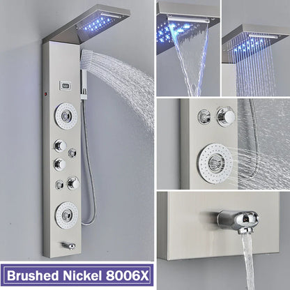 Columna de ducha DecorBites™ negra con iluminación LED, chorros de masaje y grifo mezclador tipo cascada