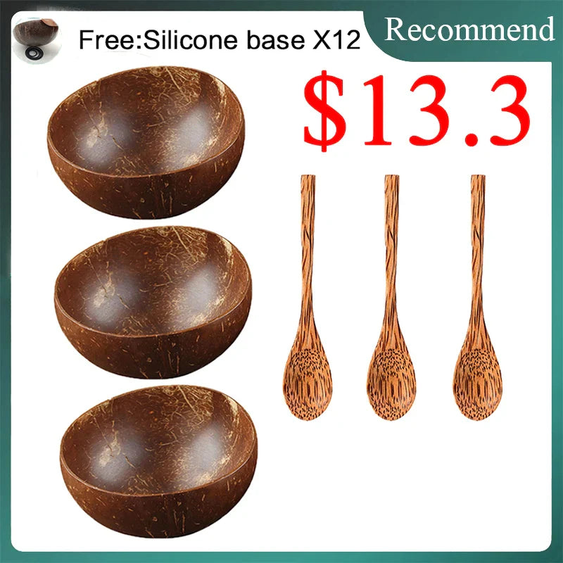 DecorBites™ Coconut Bowl Set with Wooden Spoon: Natural Handmade Tableware for Desserts, Fruits, Salads