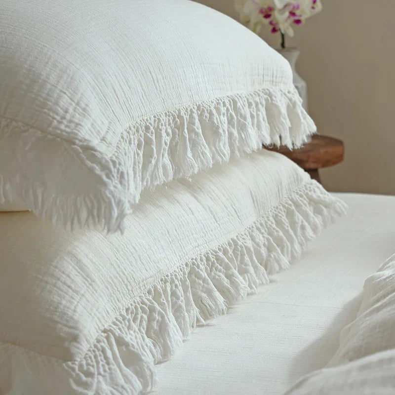 Decobites Soft Cotton Tassel Ruffles Bedding Set with Duvet Cover, Sheet & Pillowcases