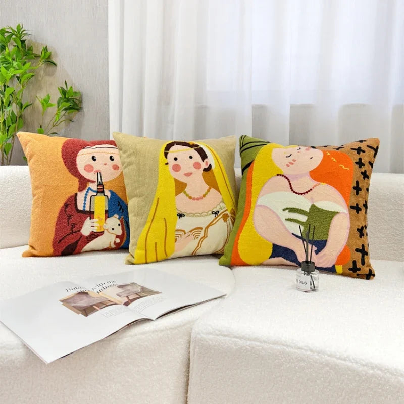 DecorBites™ Cartoon Oil Painting Embroidery Throw Pillow for Office Chair, Living Room, Bedroom