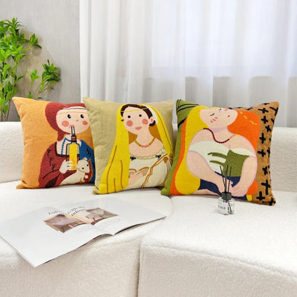 DecorBites™ Cartoon Oil Painting Embroidery Throw Pillow for Office Chair, Living Room, Bedroom