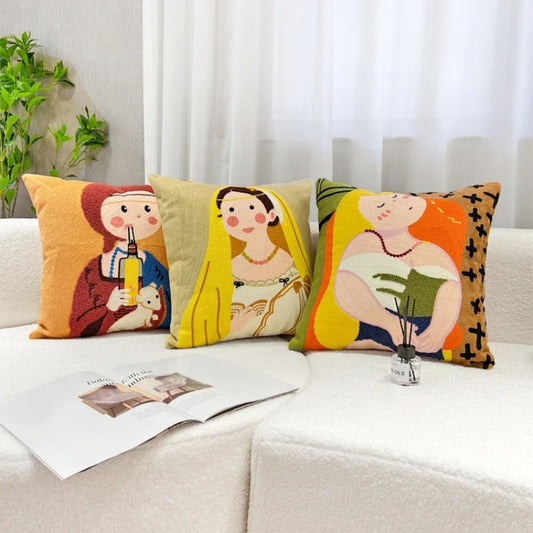 DecorBites™ Cartoon Oil Painting Embroidery Throw Pillow for Office Chair, Living Room, Bedroom