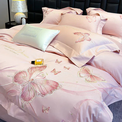 DecorBites™ Butterfly Embroidery 100% Egyptian Cotton Bedding Set with Luxury Duvet Cover