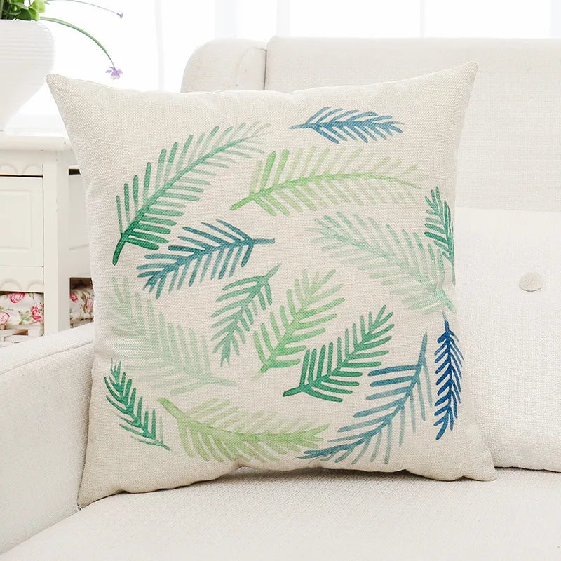 DecorBites™ Green Plant Leaves Flower Linen Cushion Cover - Modern Sofa Throw Pillow Cover