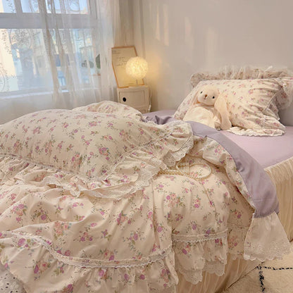 Decobites Korean Princess Style Floral Lace Ruffles Bedding Set with Pillowcase