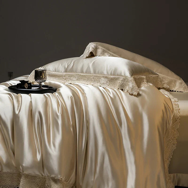 Decobites Luxe French Lace Edge Bedding Set: Silky Lyocell Cotton Duvet Cover, Sheet & Pillowcases