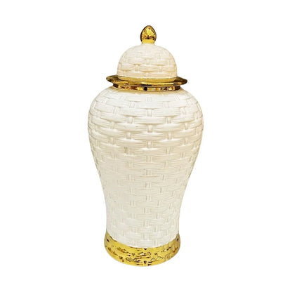 DecorBites™ Golden Flower Vase Ceramic Checkmate Jar Weave Pattern Home Decoration Accessories