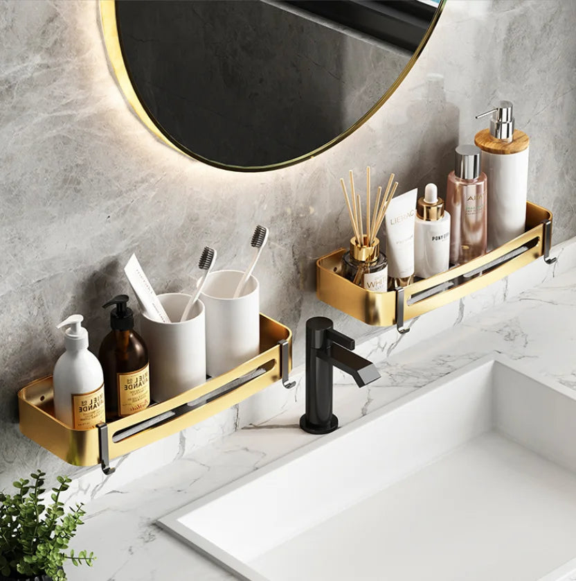 DecorBites™ Gold Bathroom Corner Shelf: Wall-Mounted Triangle Storage Rack for Toiletries