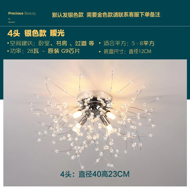 DecorBites™ Golden Dandelion Crystal Chandelier: Warm Nordic LED Ceiling Lamp for Romantic Living Room.