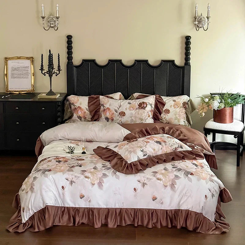 Decobites French Vintage Ruffles Bedding Set in Egyptian Cotton with Flowers Prints