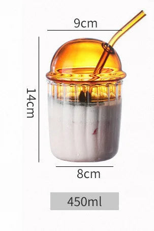 DecorBites™ 450ml Striped Glass Cup with Lid and Straw, Ideal for Coffee, Juice, Milk, or Tea