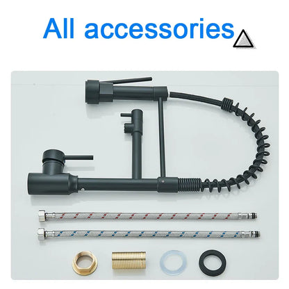 صنبور مطبخ أسود DecorBites™ مزود بنابض سحب للأسفل وفوهة مزدوجة وصنبور خلاط