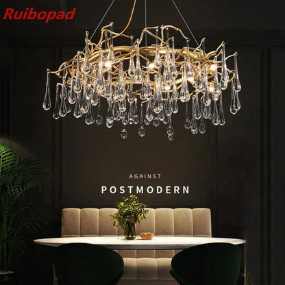 DecorBites™ Elegant Gold Metal Branch Chandelier with Glass Water Drop Crystals