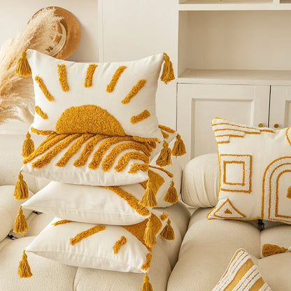 DecorBites™ Golden Yellow Geometric Tufted Tassel Cushion Cover - Modern Boho Home Decor