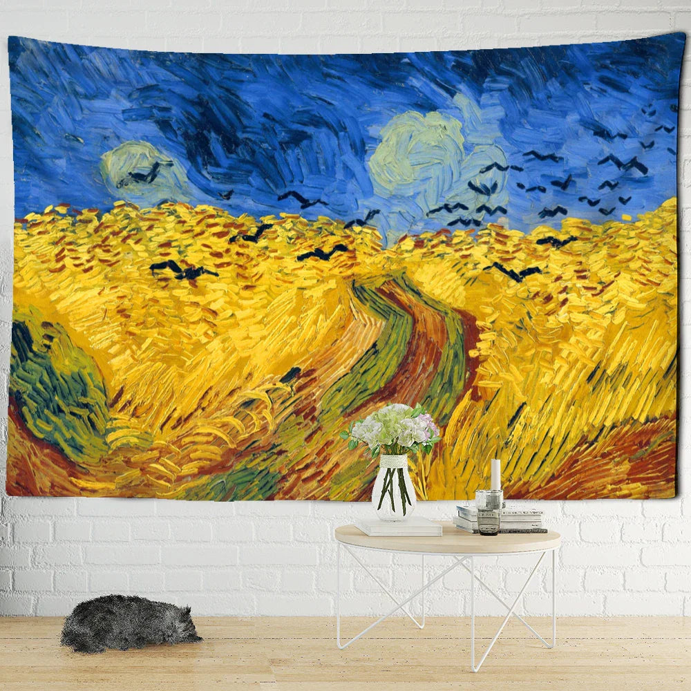 Decobites Golden Field Oil Painting Tapestry Wall Hanging - Retro Hippie Art Decor