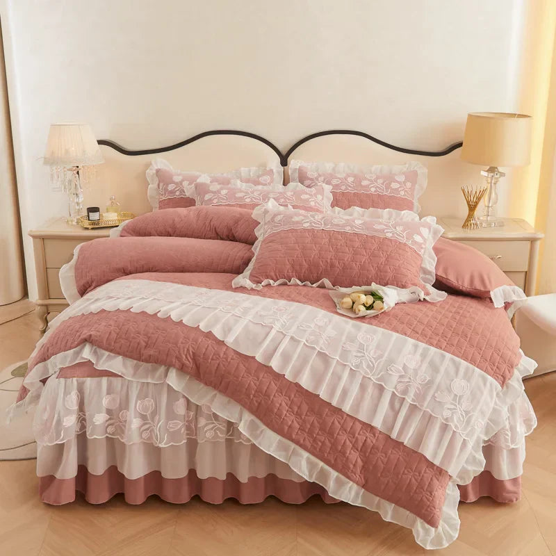 Decobites Quilted Embroidery Bedding Set with Lace Ruffles, Duvet Cover, Bed Skirt - Various Colors