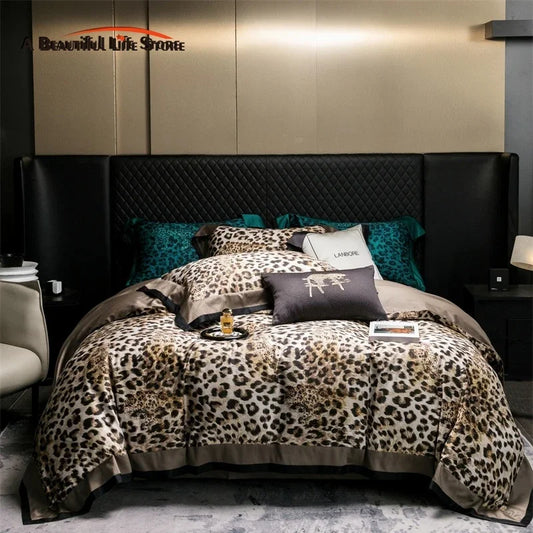 DecorBites™ Egyptian Cotton Leopard Print Luxury Bedding Set, Silky Soft Bed Sets