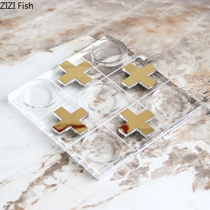 DecorBites™ Acrylic Tic-Tac-Toe Chessboard Set: Geometric Artwork Ornaments & Chess Pieces