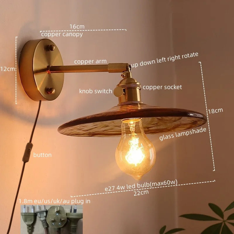 DecorBites™ Japanese Style LED Wall Lamps Living Room Coffee Balcony Stair Light Copper Glass