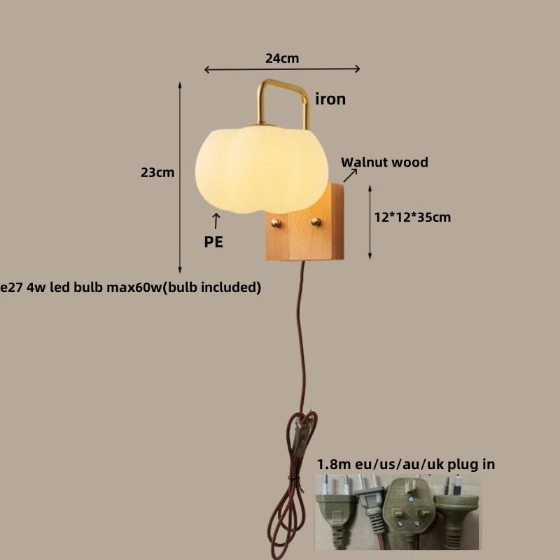 DecorBites™ Glass Wall Light Fixture Walnut Wood Modern Nordic Pull Chain Switch Lamparas