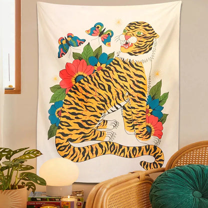 Decobites Tiger Tapestry: Hippie Boho Wall Hanging with Floral Butterfly, Psychedelic Animal Art