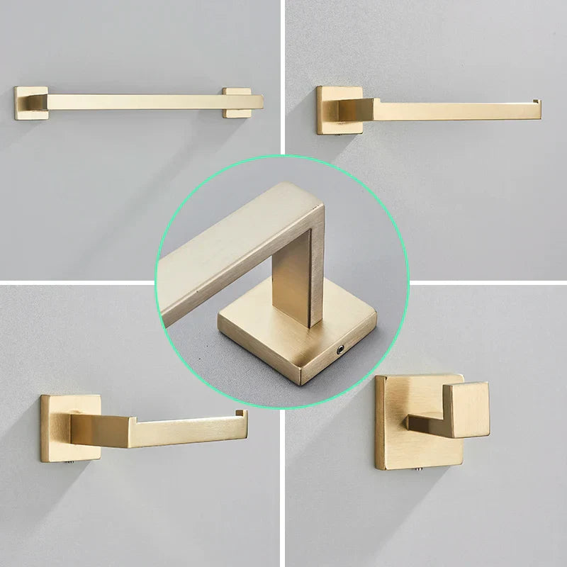 DecorBites™ Brushed Gold Bathroom Hardware Set Stainless Steel Towel Bar Robe Hook Toilet Paper Holder