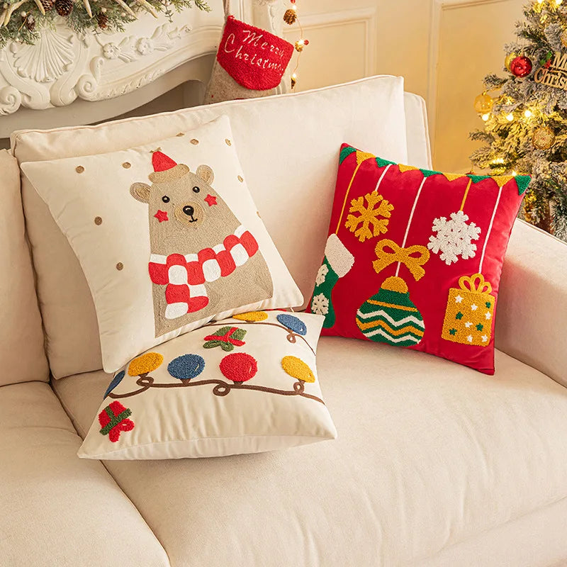 DecorBites™ Christmas Embroidered Red Geometric Pillow Cover for Festive Home Decor