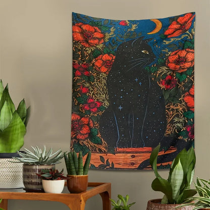 Black Cat Moon Tapestry Wall Hanging for Cute Aesthetics Home Decor by Decobites