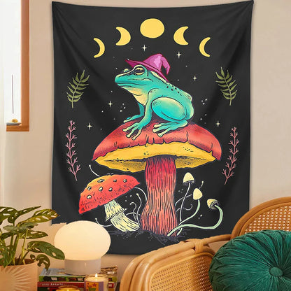 Decobites Frog on Mushroom Tapestry Wall Hanging: Aesthetic, Magic, Wizard, Cottagecore, Boho, Hippie, Moon Phase