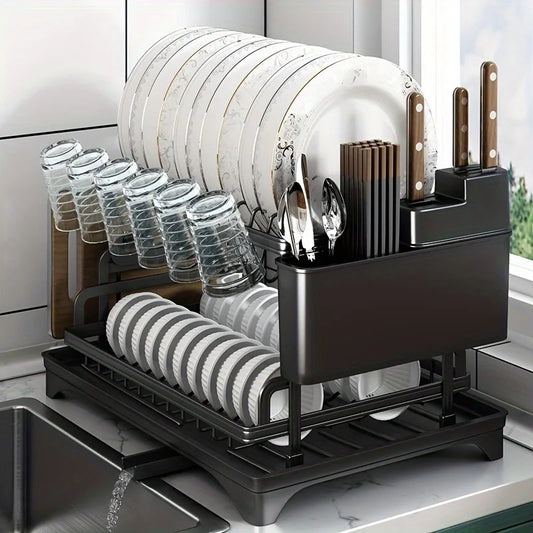DecorBites™ 2 Tier Dish Drying Rack with Storage Holder & Drainer for Kitchen Organizing