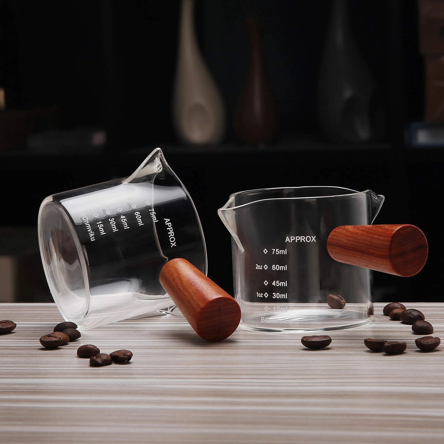 DecorBites™ Glass Espresso Pitcher with Double Spouts and Wooden Handle